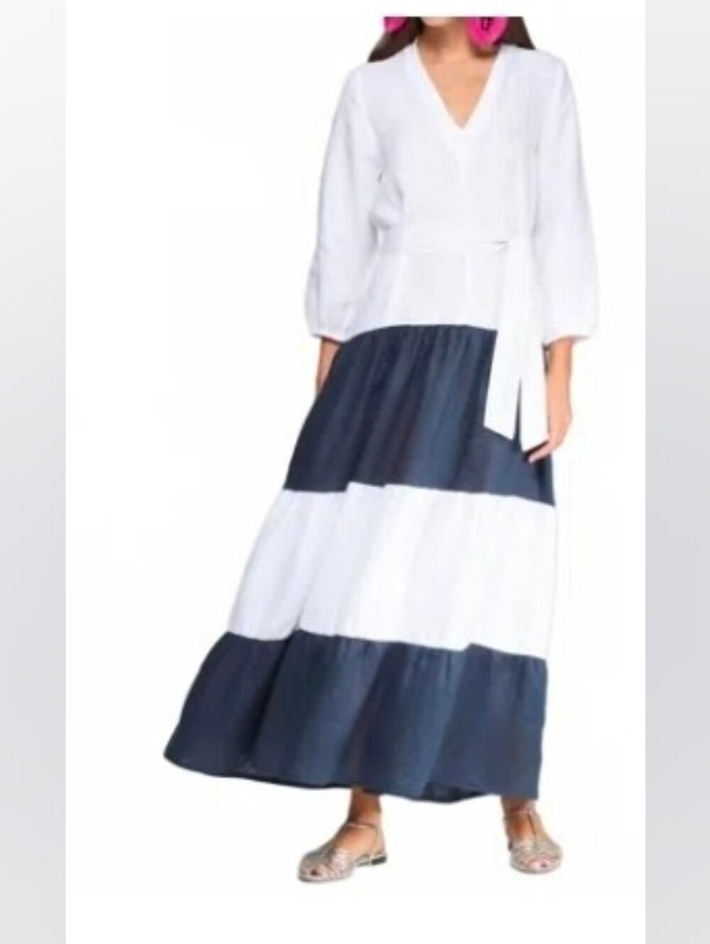 Vilagallo 100% Linen White and Navy Tiered Maxi Dress with Waist Tie